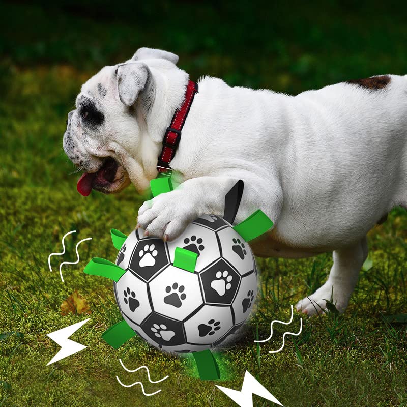 QDAN Dog Soccer Balls Toy with Bell Inside, Outdoor Interactive Dog Toys for Tug of War, Puppy Birthday Gifts, Dog Water Toy, Durable Ropes Squeaky Soccer Dog Ball for Medium and Large Dogs （8 INCH）