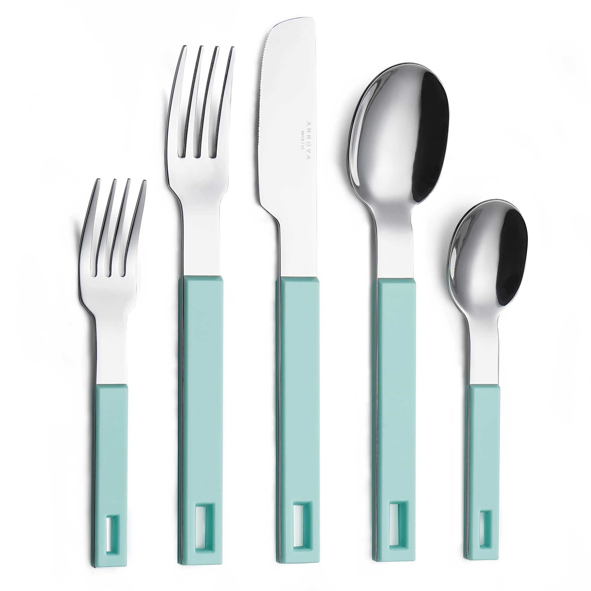 ANNOVA Silverware Set 20 Pieces Stainless Steel Cutlery Color Block Handle Modern Style Flatware - 4 x Dinner Knife; 4 x Dinner Fork; 4 x Salad fork; 4 x Dinner Spoon; 4 x Dessert Spoon (Turquoise)