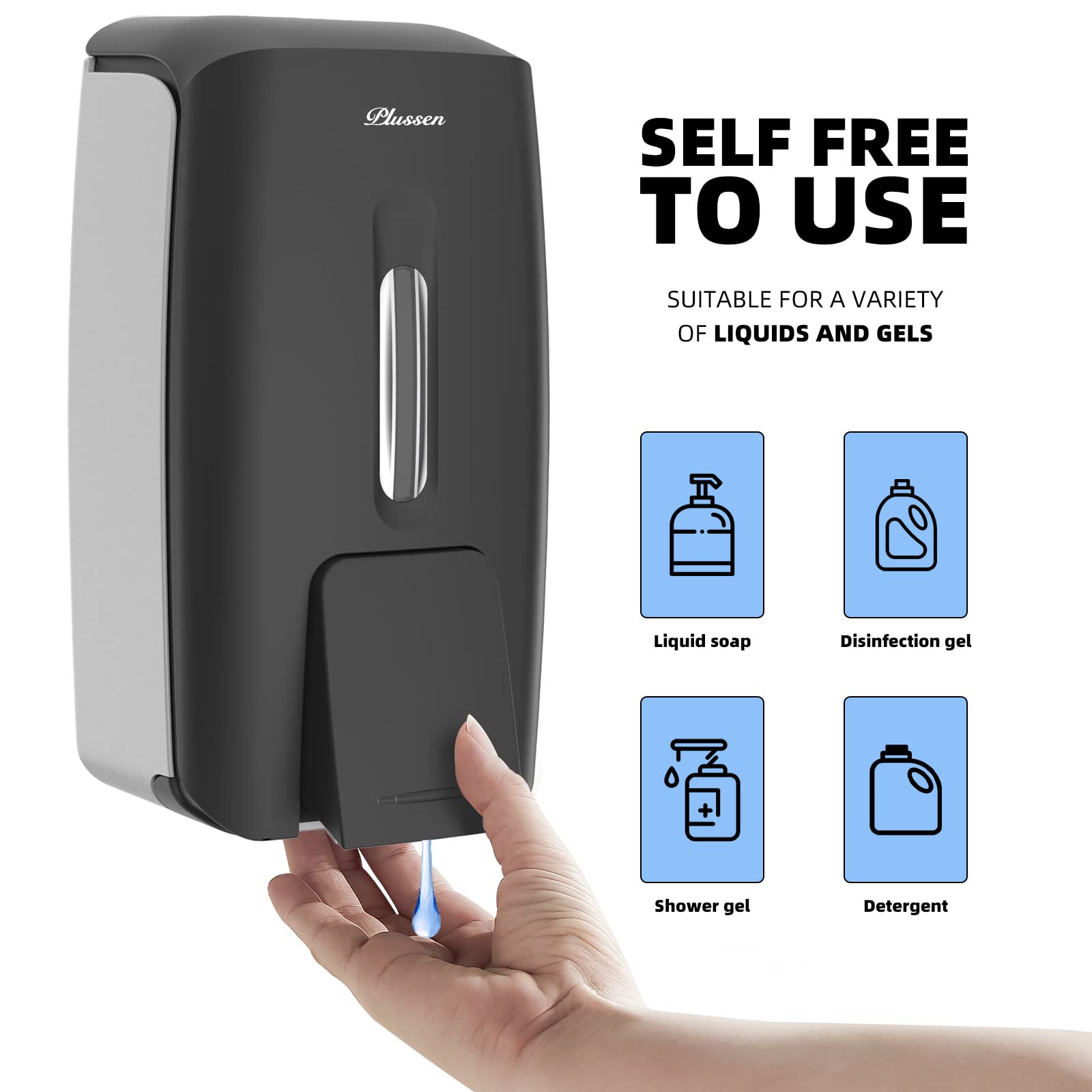 PLUSSEN Soap Dispenser Wall Mount Adhesive Commercial Soap Dispenser 800ml No Drill Hand Sanitizer Dispenser for Bathroom Support Liquid and Gel,Black-PN9088