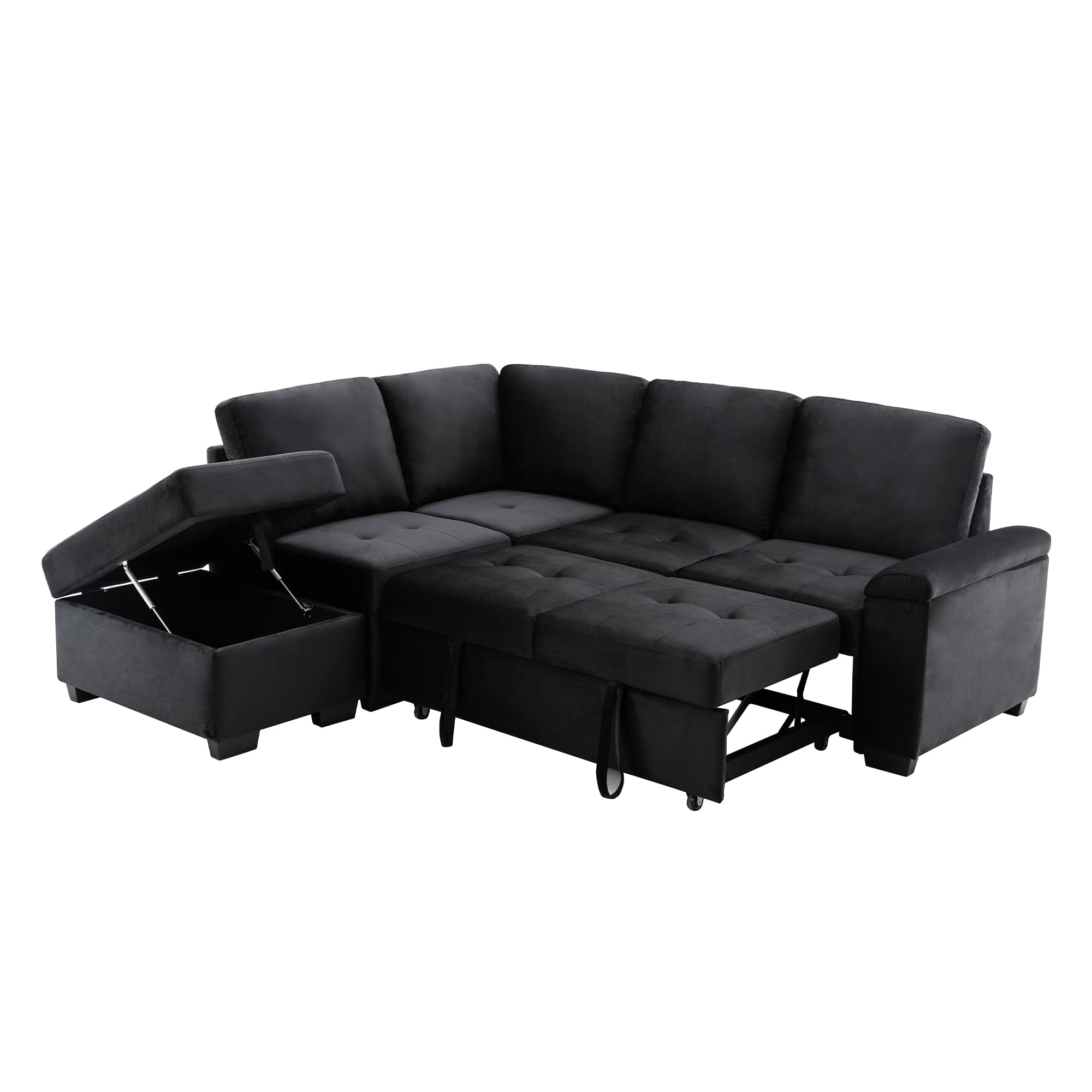 XD Designs Modern Reversible Sleeper Sectional Sofa, L-Shape Corner Couch, Pull Out Sofa-Bed Couch with Storage Ottoman and Hidden Arm Storage, Large Chaise Lounger for Living Room (Black-Large)