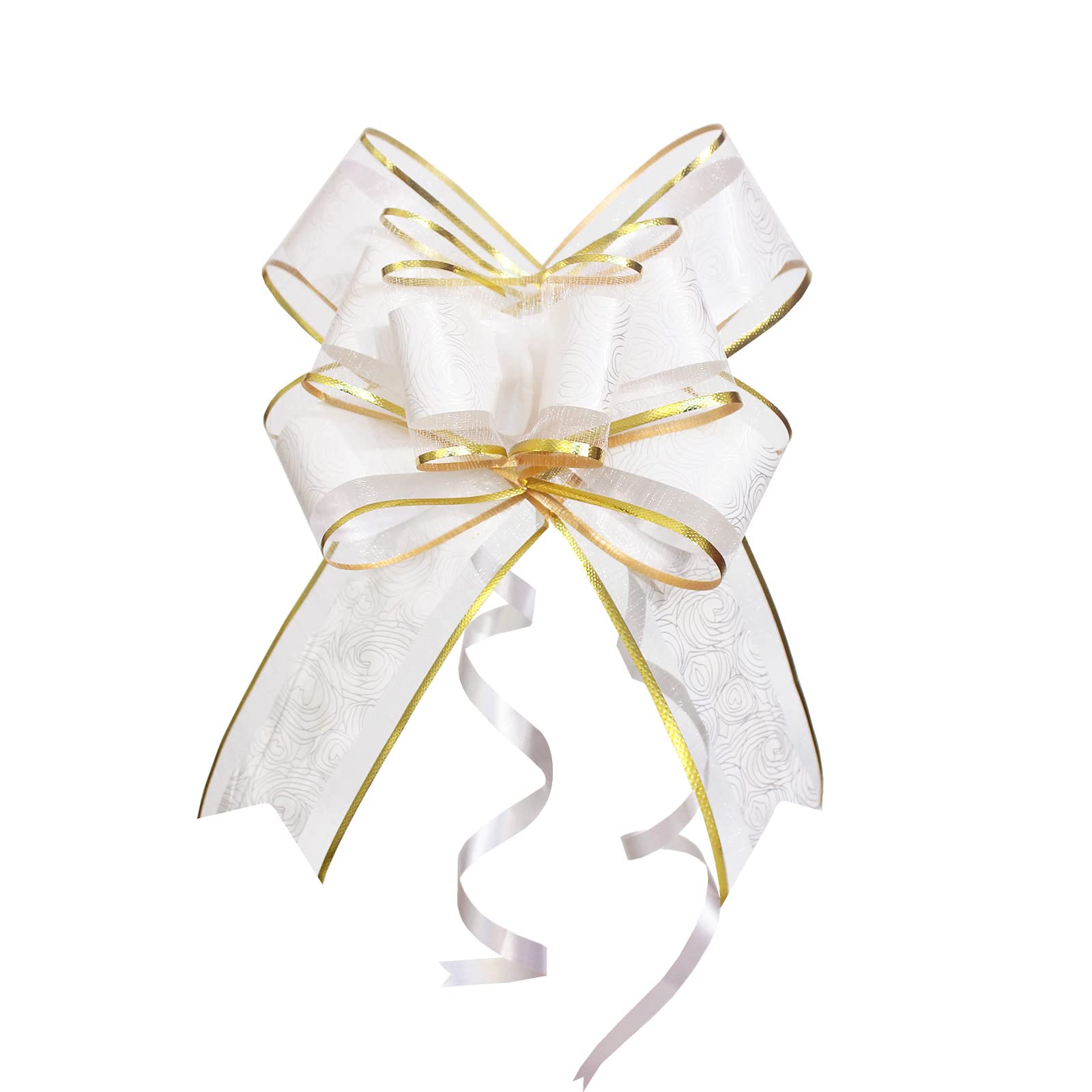 WEWILUCK Pull Bows for Gift Wrapping, 15 PCS Large Gift Bow Bulk for Presents Package, Gift Baskets, Christmas, Wedding, and Party Decor (White with Tulle & Gold line, 6 inches)