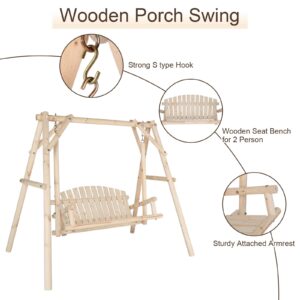 VINGLI Heavy Duty 880 LBS Wooden Patio Porch Swing with A-Frame Stand, Hanging Swing Bench Chair with Frame for Outside, Yard, Garden (Natural)