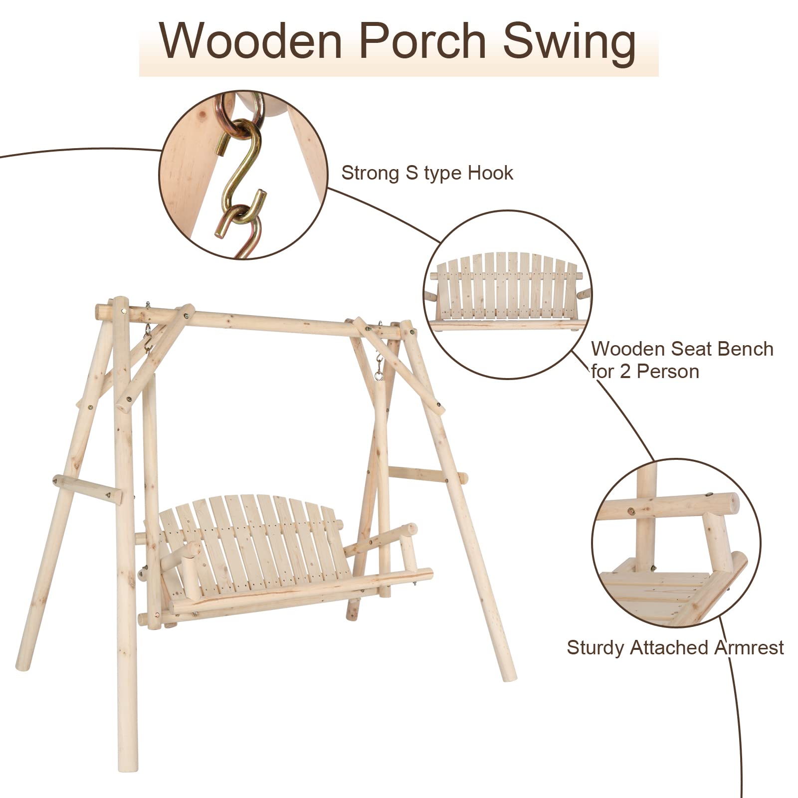 VINGLI Heavy Duty 880 LBS Wooden Patio Porch Swing with A-Frame Stand, Hanging Swing Bench Chair with Frame for Outside, Yard, Garden (Natural)