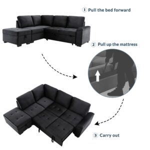 XD Designs Modern Reversible Sleeper Sectional Sofa, L-Shape Corner Couch, Pull Out Sofa-Bed Couch with Storage Ottoman and Hidden Arm Storage, Large Chaise Lounger for Living Room (Black-Large)