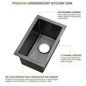 9 Inch Black Undermount Small Bar Sink, Swift Horse 9"x15" 16Gauge Black Stainless Steel Small Undermount Bar Sinks