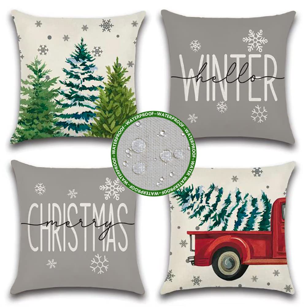 JOJOGOGO Grey Outdoor Christmas Pillow Covers 18x18 Waterproof Set of 4 Gray Winter Holiday Pillow Covers Farmhouse Christmas Decorations for Couch Porch and Outdoor Furniture