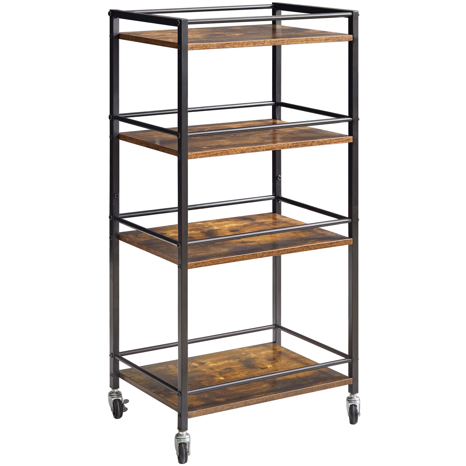 IBUYKE Industrial Bar Carts, Kitchen Storage Serving Cart, Mobile Kitchen Shelf，4 Tier Storage Cart for Bath, Kitchen, Bedroom, Living Room Rustic Brown and Black TMJ419H