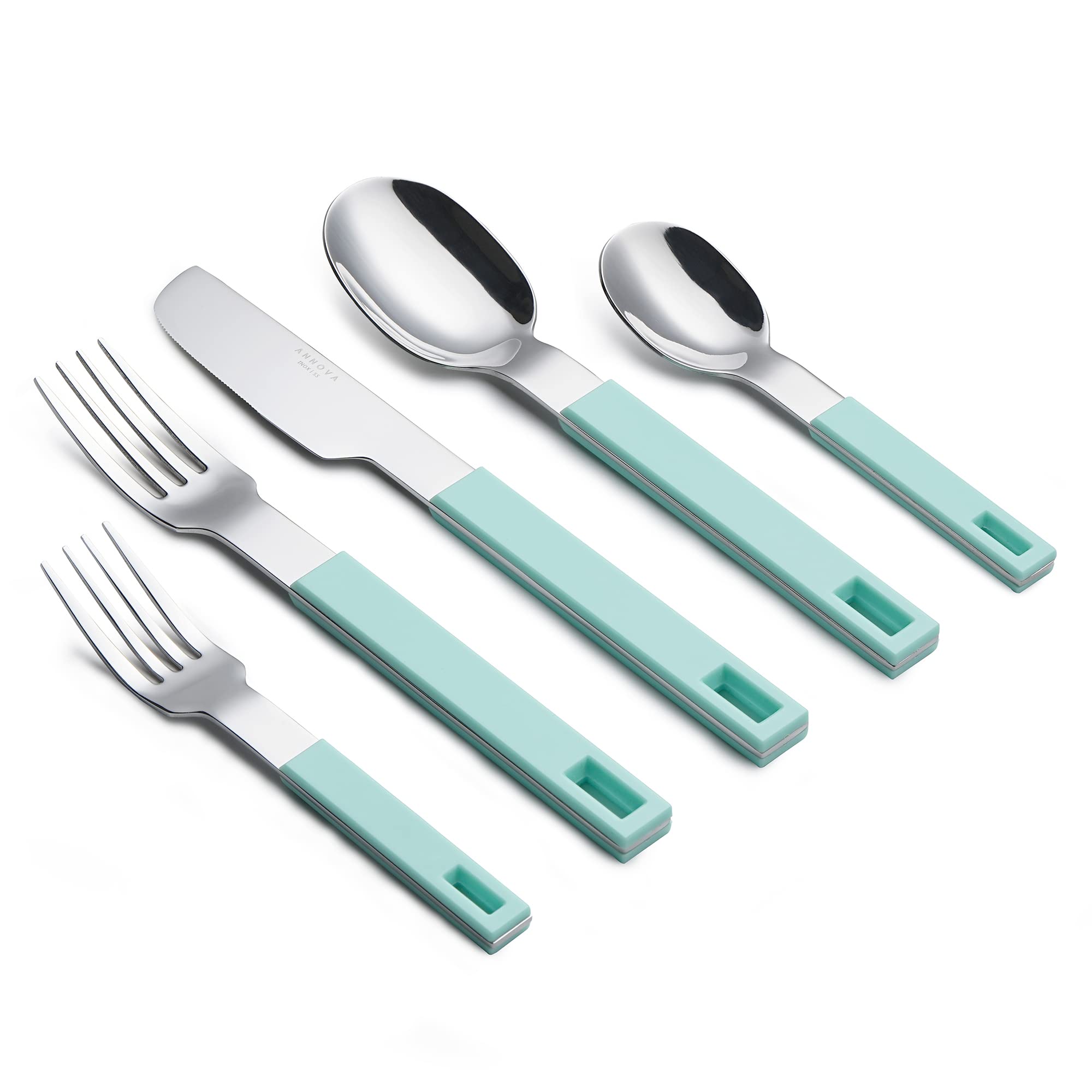 ANNOVA Silverware Set 20 Pieces Stainless Steel Cutlery Color Block Handle Modern Style Flatware - 4 x Dinner Knife; 4 x Dinner Fork; 4 x Salad fork; 4 x Dinner Spoon; 4 x Dessert Spoon (Turquoise)