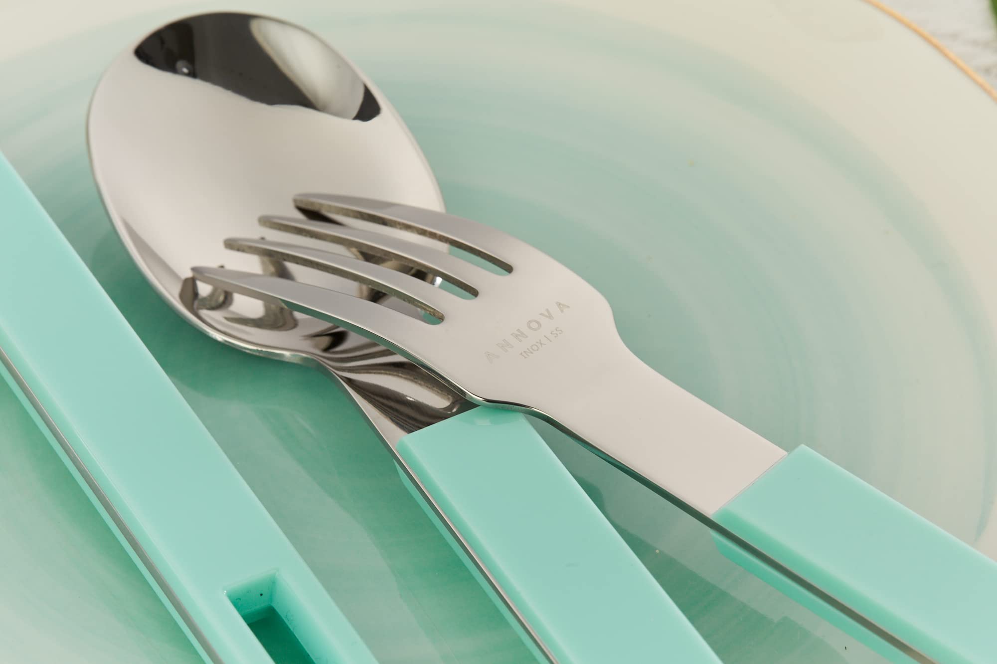 ANNOVA Silverware Set 20 Pieces Stainless Steel Cutlery Color Block Handle Modern Style Flatware - 4 x Dinner Knife; 4 x Dinner Fork; 4 x Salad fork; 4 x Dinner Spoon; 4 x Dessert Spoon (Turquoise)