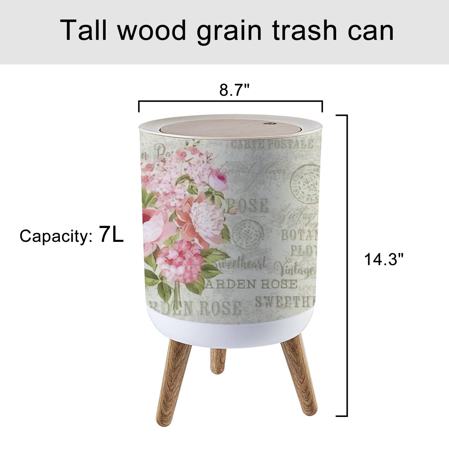 Boho Chic Botanical Floral Small Trash Can with Lid garland blooming flowers Spring Garden Round Recycle Bin Press Top Garbage Can Wastebasket for Kitchen Bathroom Bedroom Dorm 7L/1.8 Gallon