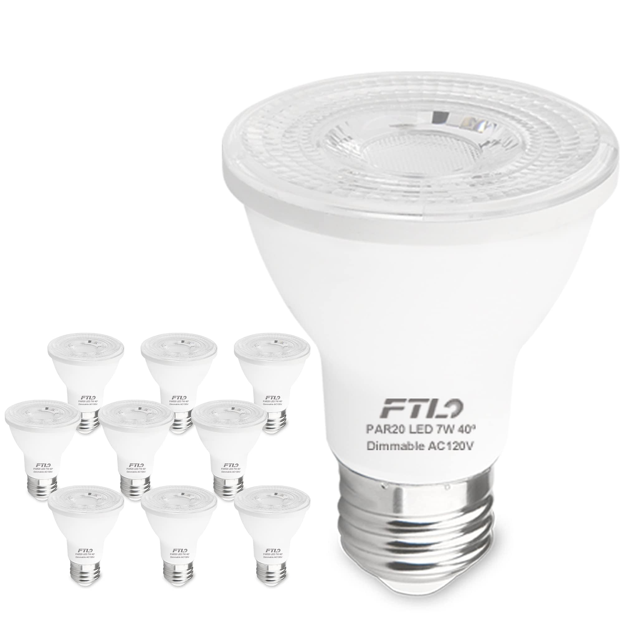 FTL PAR20 LED Bulbs 5000K Daylight White, 7W 600LM 50W 60W Equivalent, Dimmable Spot Light Bulb, E26 Base, Indoor Outdoor Flood Light, 10-Pack