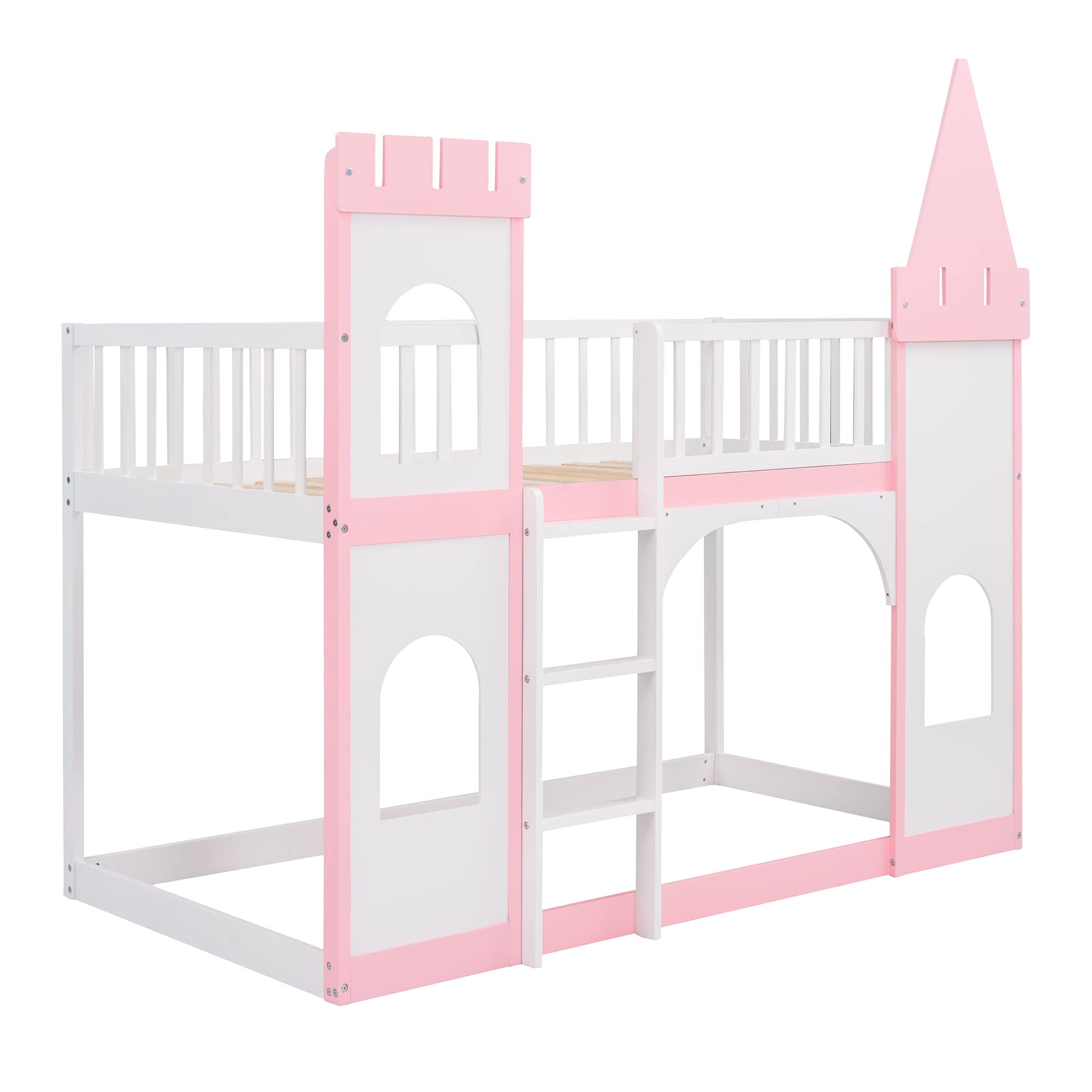 MERITLINE Kids Low Bunk Bed Twin Over Twin, Wooden Castle Shape Loft Bunk Bed Frame for Kids, Toddler Bunk Beds with Safety Rail and Ladder, Floor Bunk Bed for Boys Girls Bedroom Dorm (Pink)