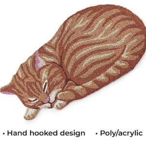 SAGEFINDS Hand Hooked Cat Rug | Orange Tabby Shaped Accent Mat | Cute Sleeping Kitty Area Rug | 17” x 35”