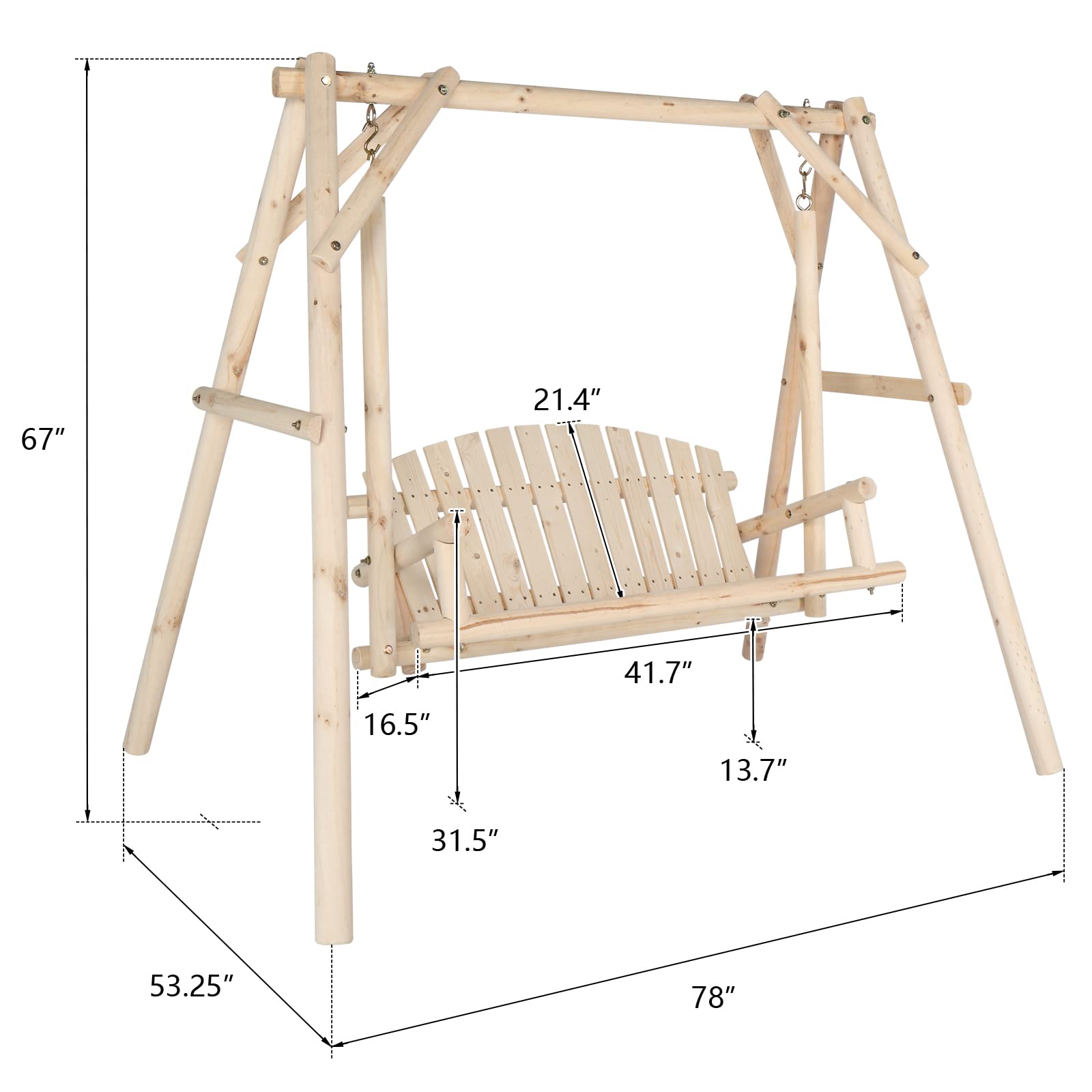 VINGLI Heavy Duty 880 LBS Wooden Patio Porch Swing with A-Frame Stand, Hanging Swing Bench Chair with Frame for Outside, Yard, Garden (Natural)