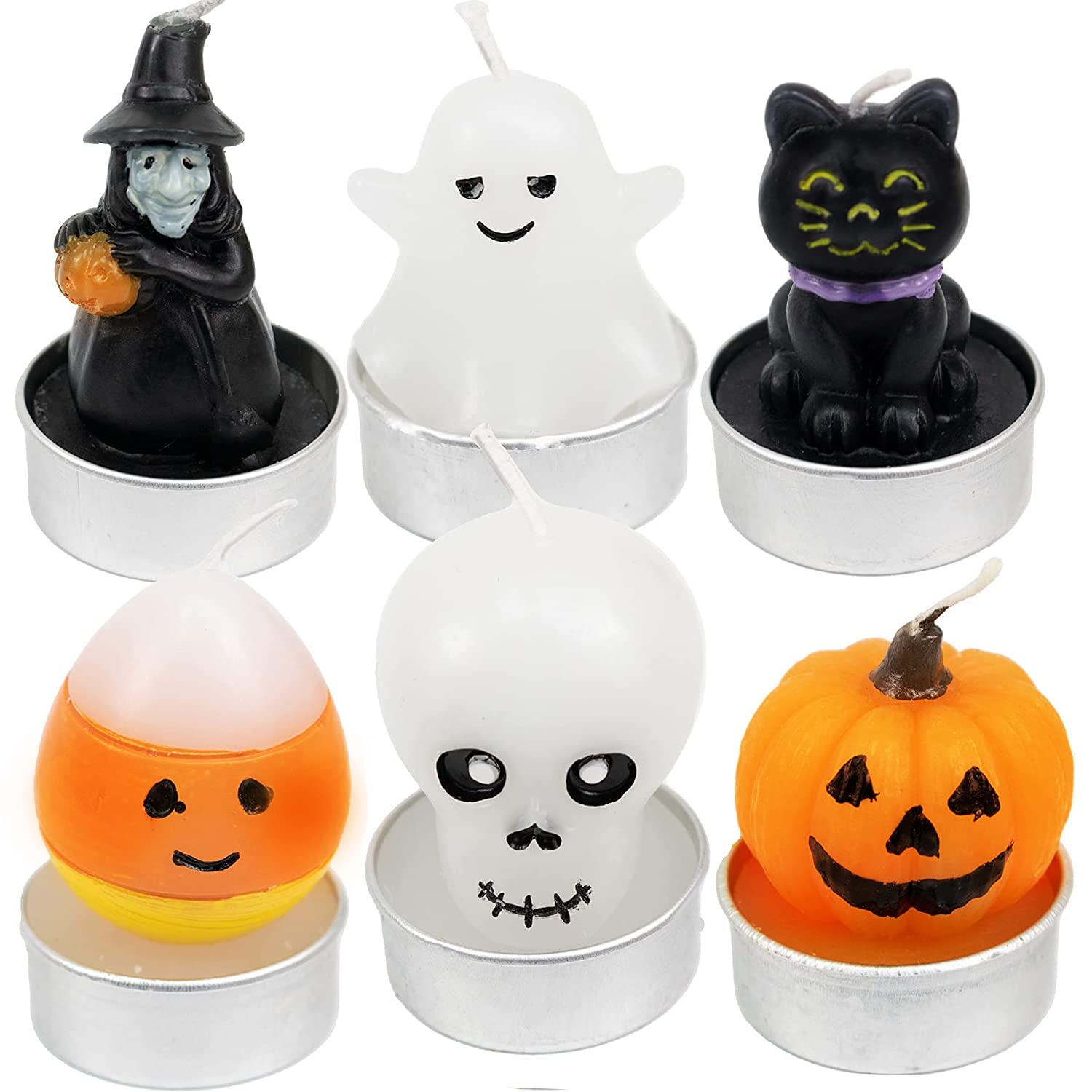 GiftExpress 12 Pcs Halloween Candles 6 Styles, Smokeless Unscented Tealight Candles for Halloween Decoration, Halloween Party, Ghost, Witch, Skull, Jack O Lantern Pumpkin Candles