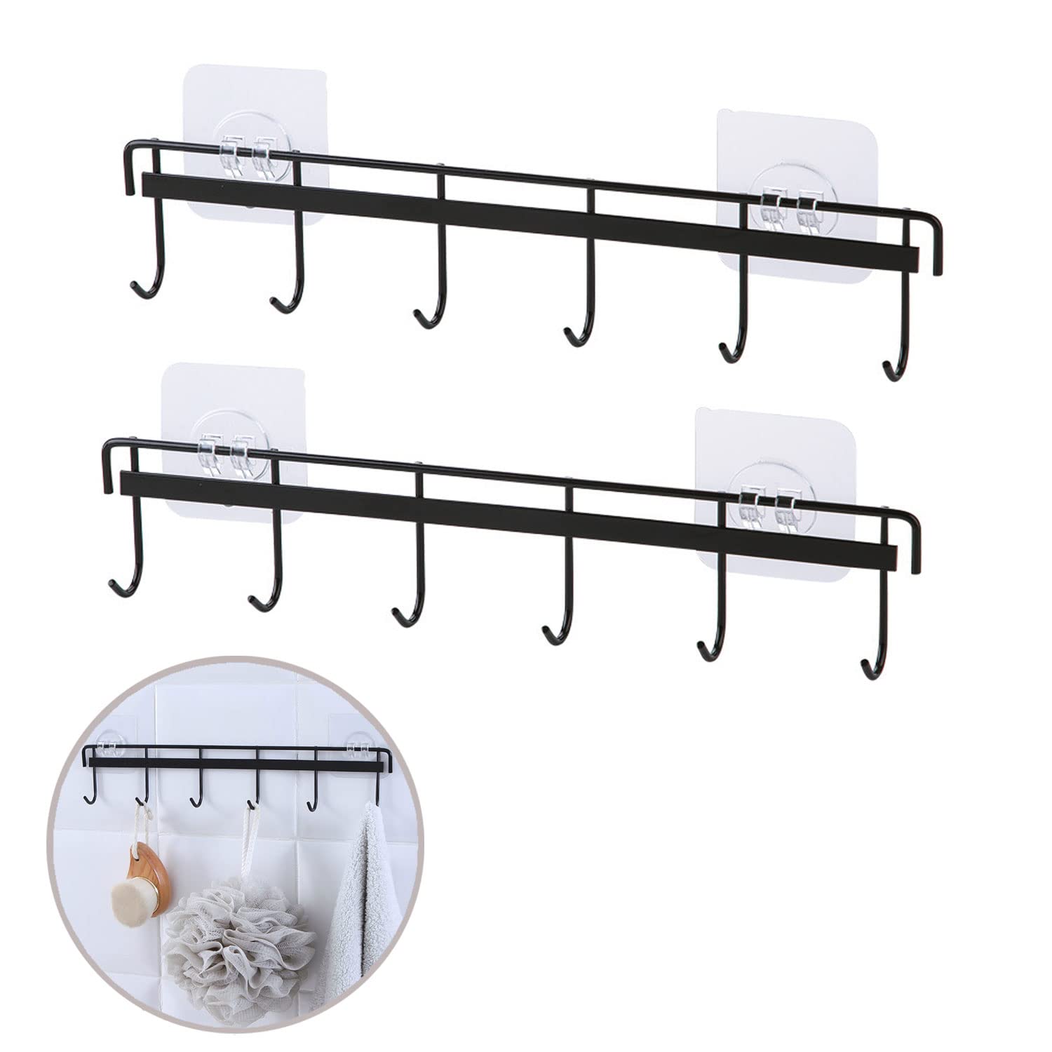 2 Pack Adhesive Wall Hooks Rack Kitchen Rail, Space Saving Heavy Duty Wall Hooks Hanger with 6 Hooks for Kitchen Bathroom Bedroom Closet, Kitchen Utensil for Hanging Knives, Spoon, Towel (Black)