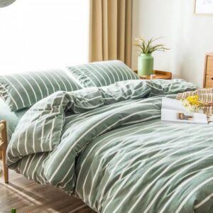 NSNLGSGC Sage Green Striped 100% Washed Cotton Duvet Cover Set Twin - Linen Feel Bedding Set,Durable & Breathable Comforter Cover Set(2PCS, Twin)