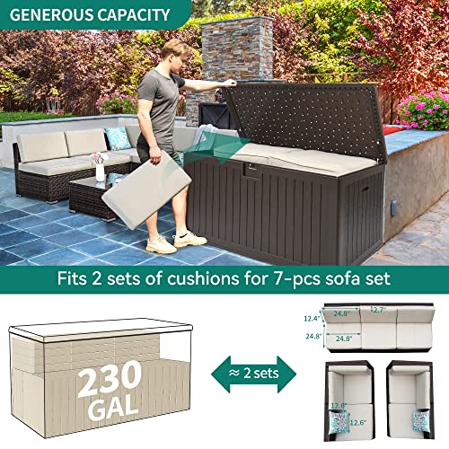 YITAHOME XXL 230 Gallon Large Deck Box,Outdoor Storage for Patio Furniture Cushions,Garden Tools with Flexible Divider, Waterproof,Lockable (Brown)