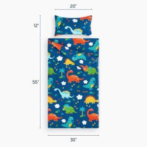 Wake In Cloud - Sleeping Bag Zippered, Nap Mat with Matching Pillow for Kids Boys Girls Sleepover Overnight Travel Slumber Bag, Dinosaurs Printed on Navy Blue, 100% Cotton with Microfiber Fill