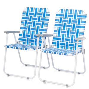 kcelarec set of 2 patio folding lawn chair, outdoor beach portable webbed folding camping chair for yard, garden (blue 1)