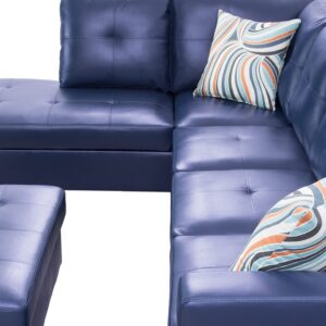 SIENWIEY Blue Leather Sectional Couch for Living Room Set,Sectional Sofa L Shape Couch with Storage Ottoman/Blue Faux Leather/Facing Left Chaise