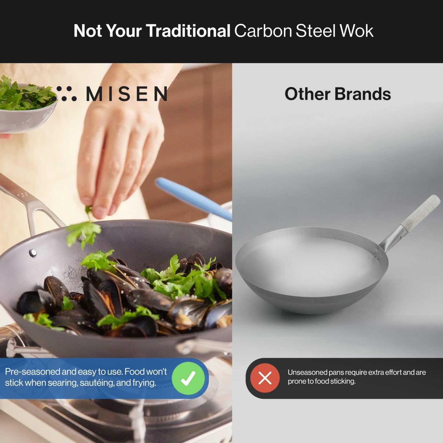 Misen Pre-Seasoned 12" Carbon Steel Wok - Naturally Nonstick - Perfect Size for Any Home Kitchen - Small Flat Bottom - Ergonomic, Stay-Cool Handles - Ready to Use, Compatible with All Cooktops