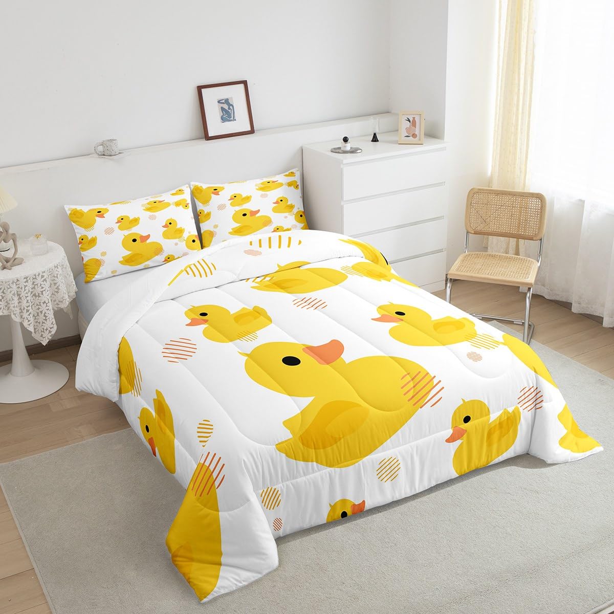 Erosebridal Cartoon Duck Comforter Set for Kids Boys Girls,Lovely Yellow Duck Bedding Set,Cute Hand Drawn Duck Duvet Insert Twin,Lovely Farmhouse Animal Quilt Comforter with 1 Pillowcase