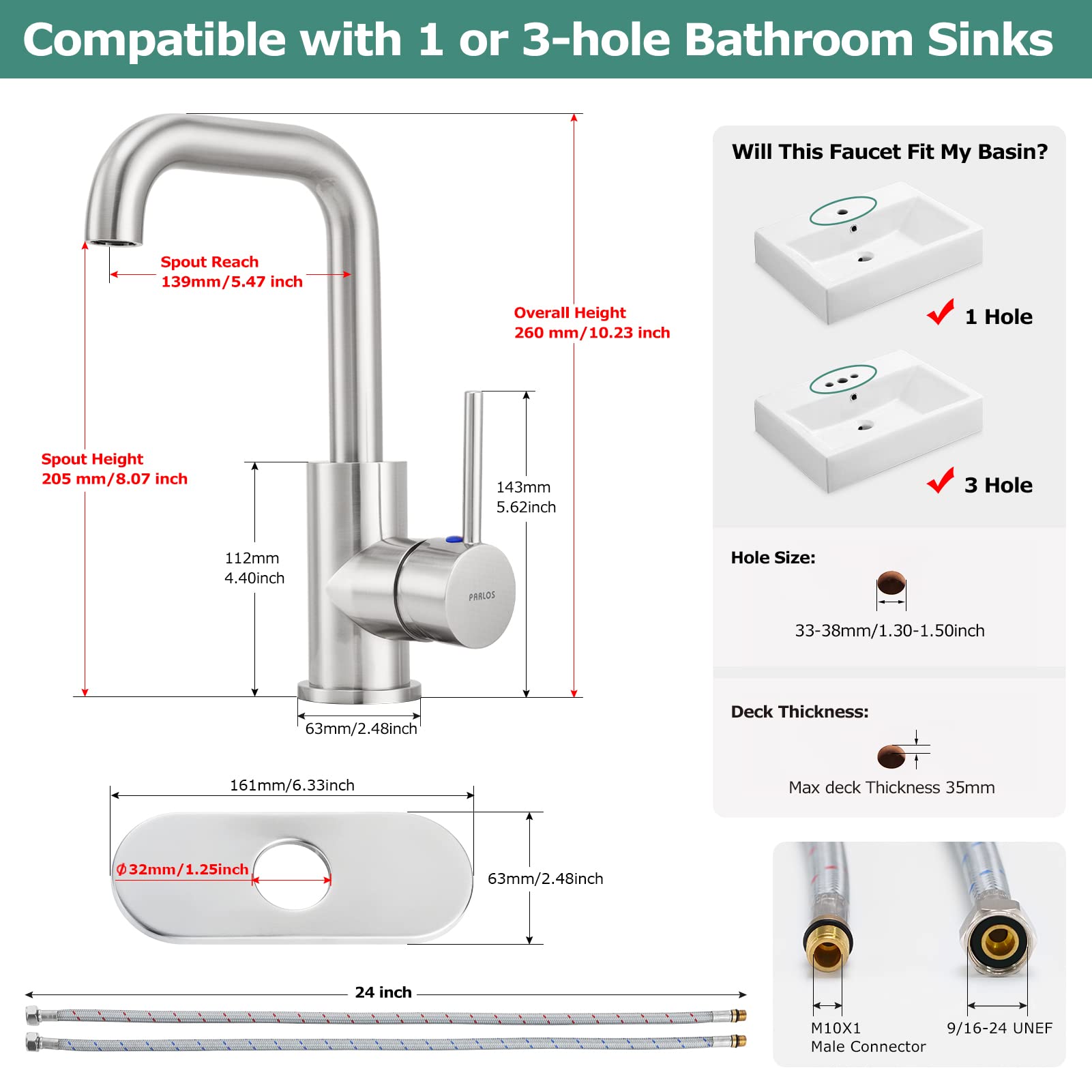 PARLOS Single Handle Wet Bar Faucet Swivel One Hole Kitchen Prep Sink Faucet with 6 inch Deck Plate, Brushed Nickel, 1440302PD