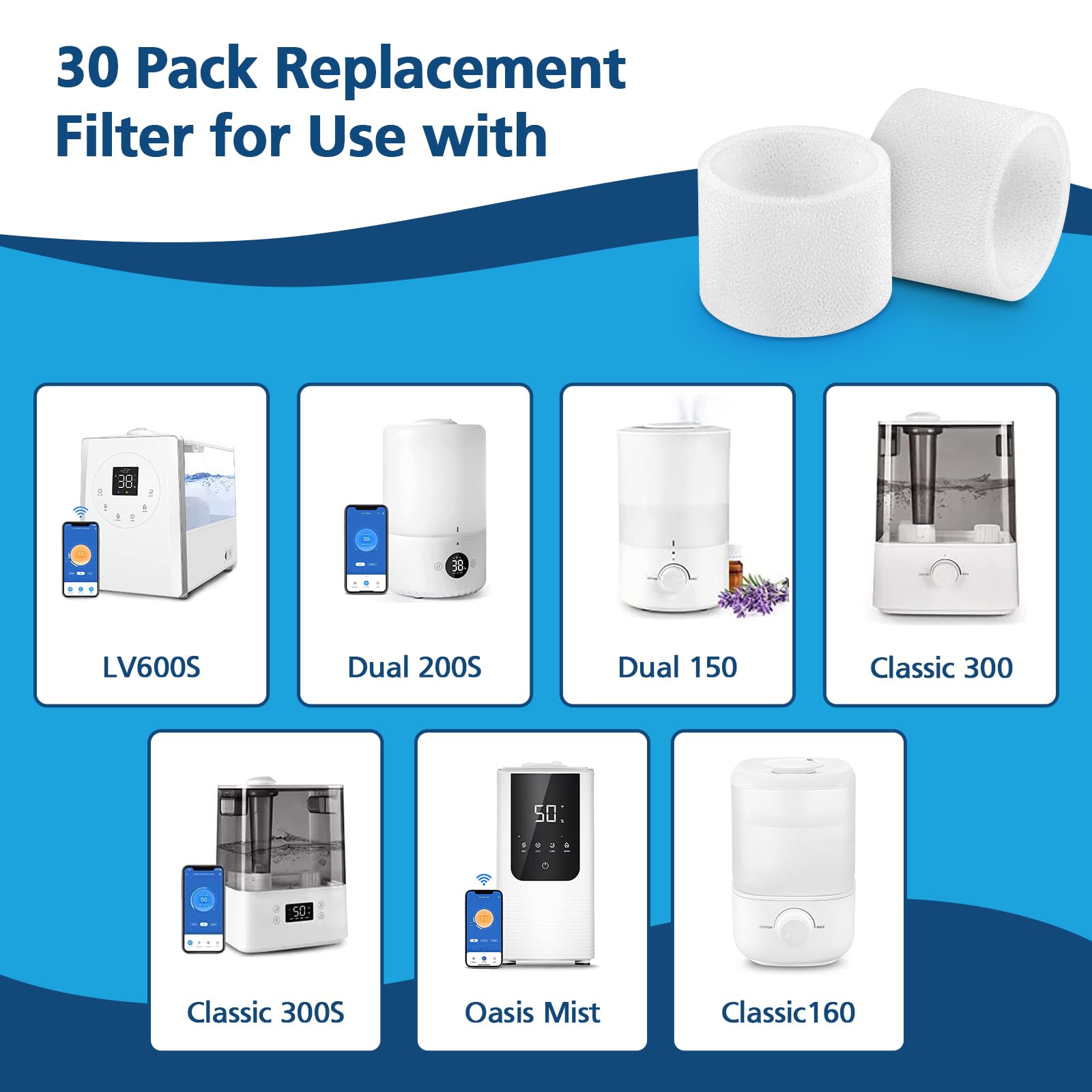 30-Pack Top Fill Humidifier Replacement Filters for LEVOIT Classic160, Dual150, Dual200S, Classic300(S), LV600S, OasisMist450S, Superior 6000S Humidifiers