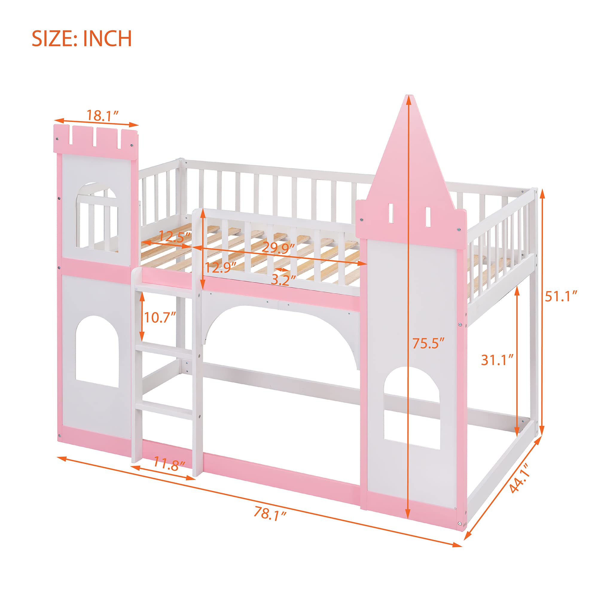 MERITLINE Kids Low Bunk Bed Twin Over Twin, Wooden Castle Shape Loft Bunk Bed Frame for Kids, Toddler Bunk Beds with Safety Rail and Ladder, Floor Bunk Bed for Boys Girls Bedroom Dorm (Pink)