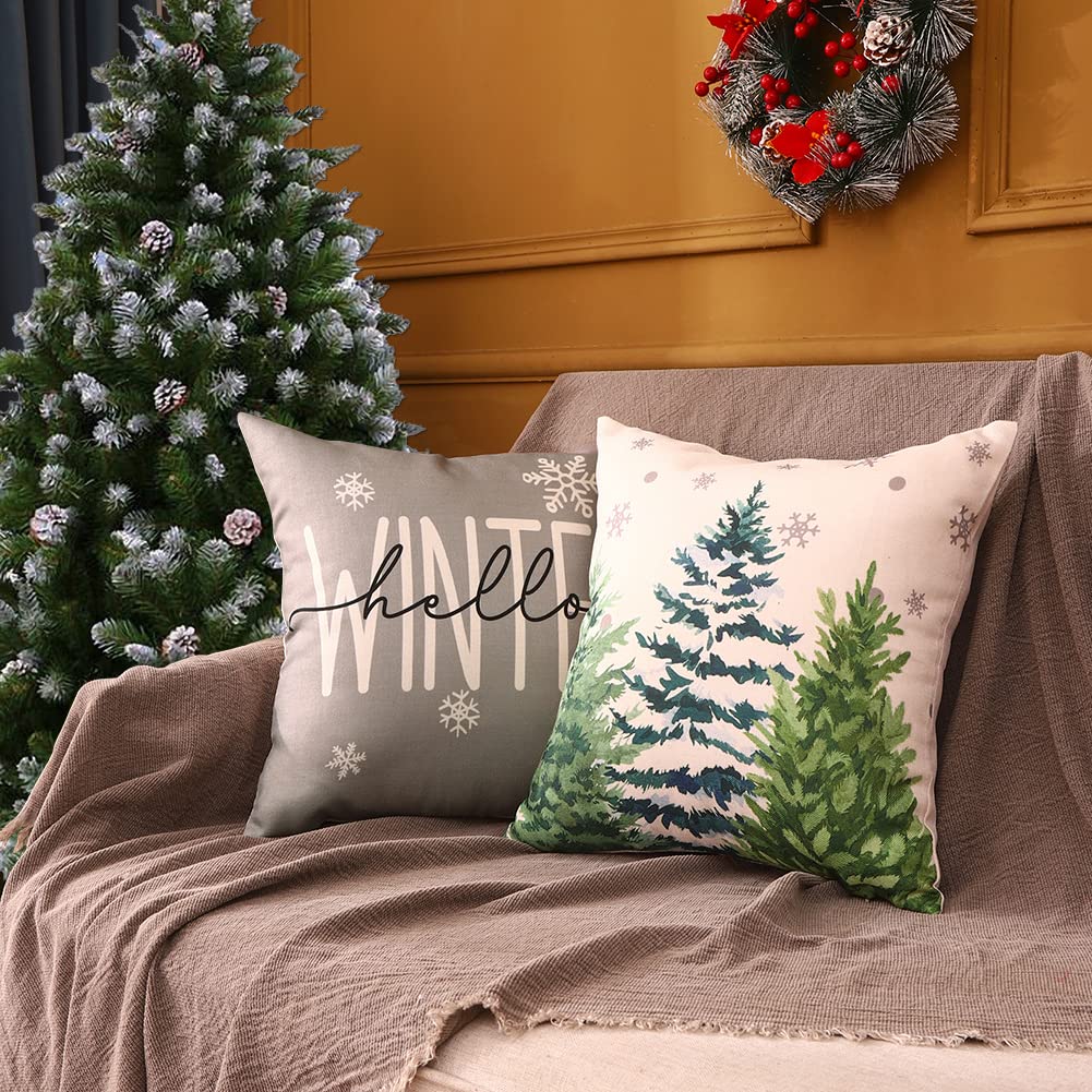 JOJOGOGO Grey Outdoor Christmas Pillow Covers 18x18 Waterproof Set of 4 Gray Winter Holiday Pillow Covers Farmhouse Christmas Decorations for Couch Porch and Outdoor Furniture