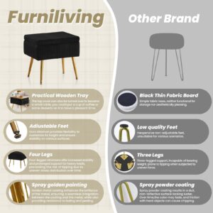 Furniliving Vanity Stool Chair with Storage, 19.75" W x 14.75" D x 18.5" H Modern Pleated Velvet Design Makeup Chair with Metal Legs, Upholstered Footrest Storage Bench for Bedroom, Khaki