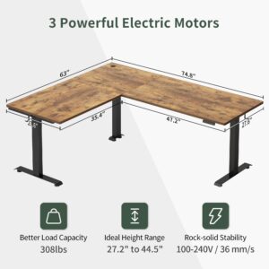 FEZIBO 75 Inches, Supports Over 300lbs, Large L Shaped Standing Desk, Electric Height Adjustable L Shaped Desk, Suitable for Home Office, Rustic Brown Top/Black Frame