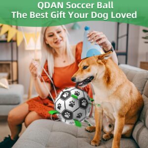 QDAN Dog Soccer Balls Toy with Bell Inside, Outdoor Interactive Dog Toys for Tug of War, Puppy Birthday Gifts, Dog Water Toy, Durable Ropes Squeaky Soccer Dog Ball for Medium and Large Dogs （8 INCH）