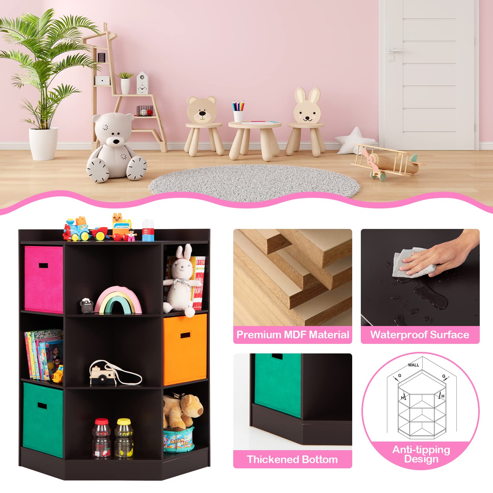 Costzon 9-Cubby Kids Bookcase with Large Storage Bins, Children's Corner Cabinet with 6 Cubes and 3 Shelves, Wooden Toy Organizers and Storage Book Shelves for Playroom Kids Room Nursery (Espresso)