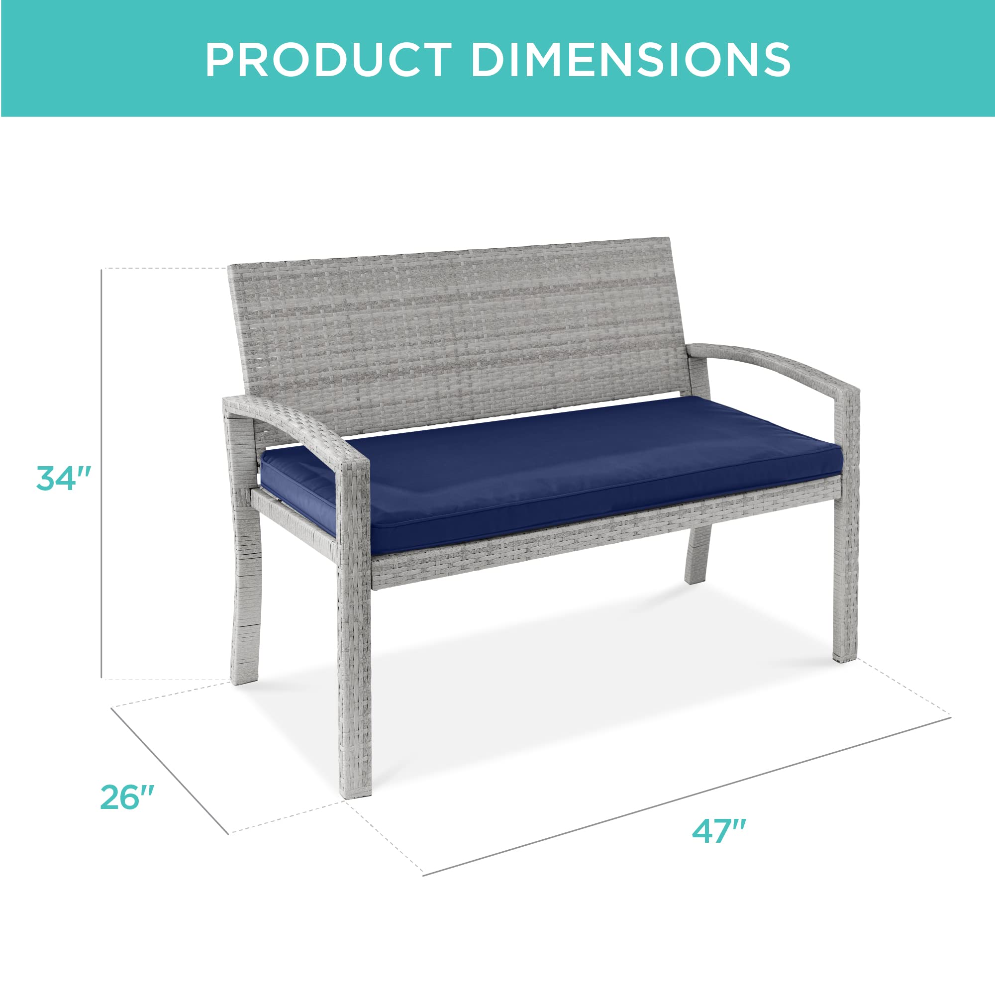 Best Choice Products Outdoor Bench 2-Person Wicker Garden Patio Benches Seating Furniture for Backyard, Porch w/Seat Cushion, 700lb Capacity - Gray/Navy