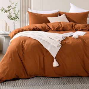 NEXHOME PRO Terracotta Burnt Orange Duvet Cover Set Queen Size Linen Textured Organic Natural 100% Washed Cotton Duvet Cover Caramel 3 Pieces Bedding Set with Zipper Closure Soft (No Comforter)