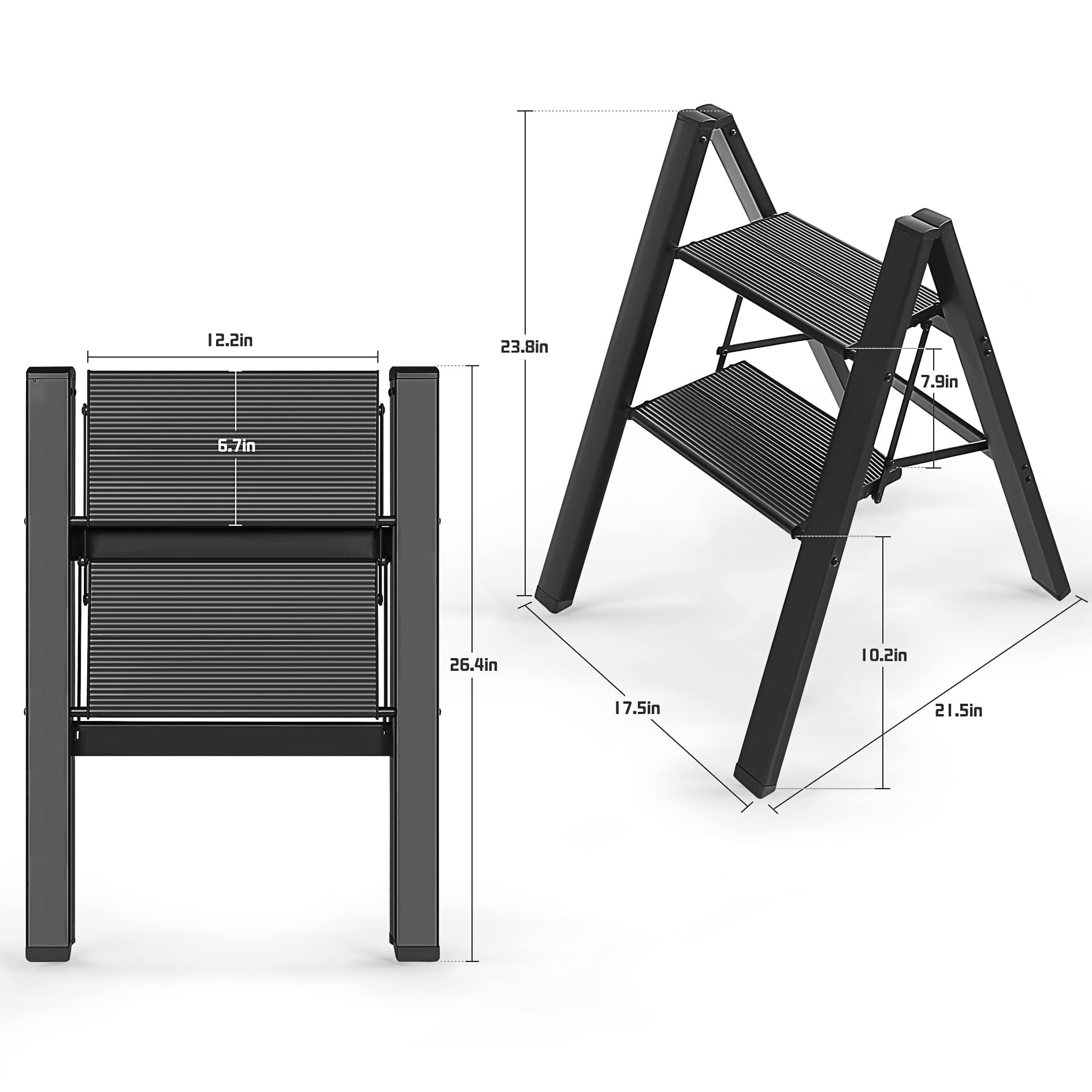 elfinrm 2 Step Ladder, Aluminum Folding Step Stool with Anti-Slip and Wide Pedal, for Library, Kitchen, Office, 330 lbs Capacity, Black