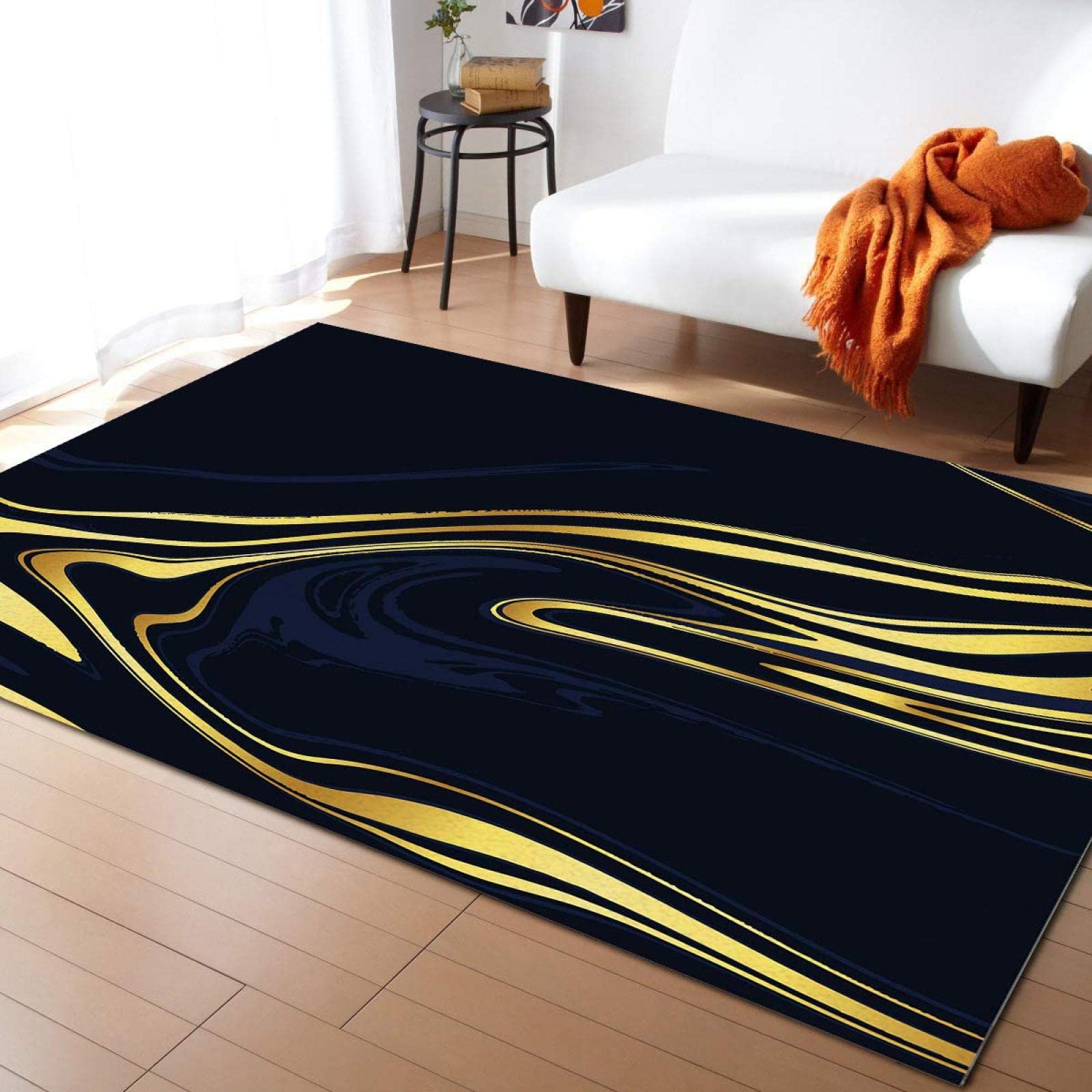 Abstract Black Gold Marble Texture Area Rugs, Flow Texture Black Gold Soft Washable Carpet, Upholstery Rug with Non-Slip Backing for Kids Boys Girls Bedroom Living Room Dining Room Study 6.6ftx5.3ft