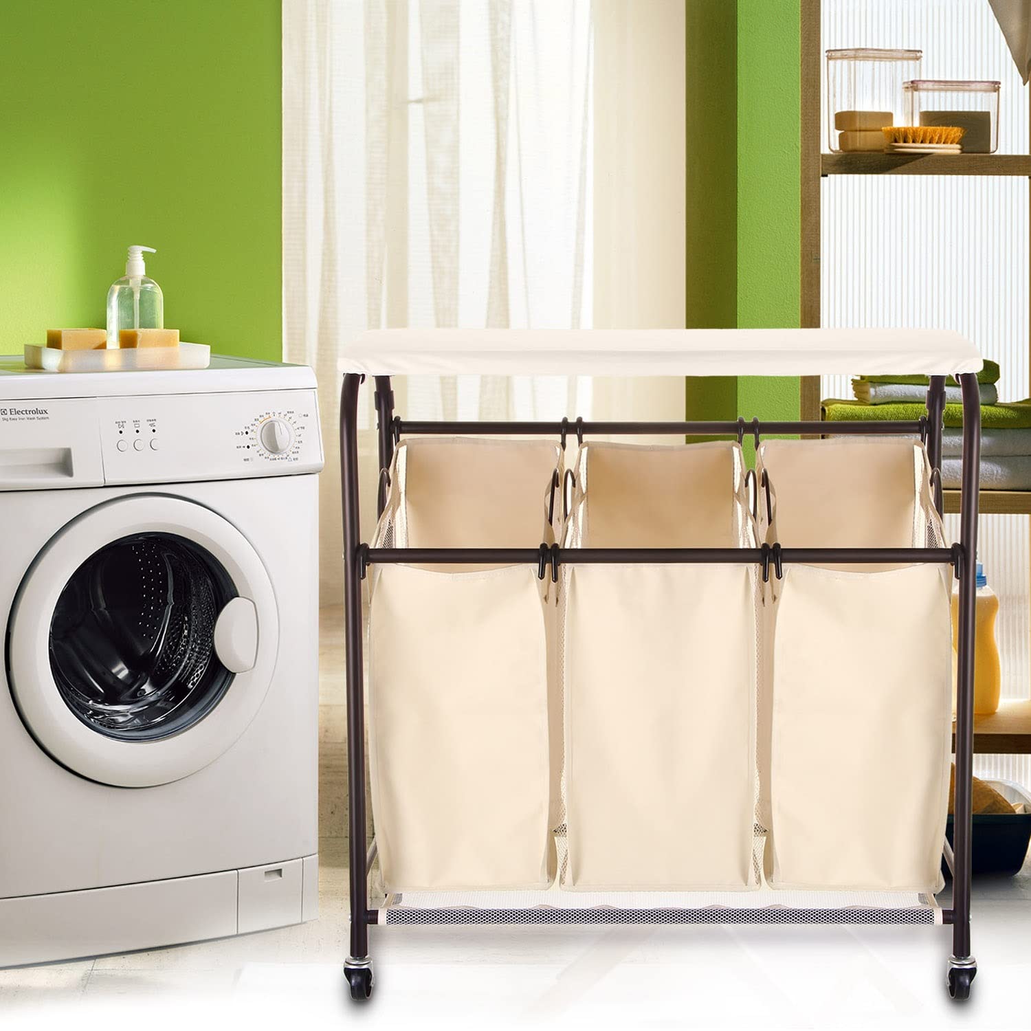 Laundry Hamper 3-Bag Sorter Cart with Ironing Board