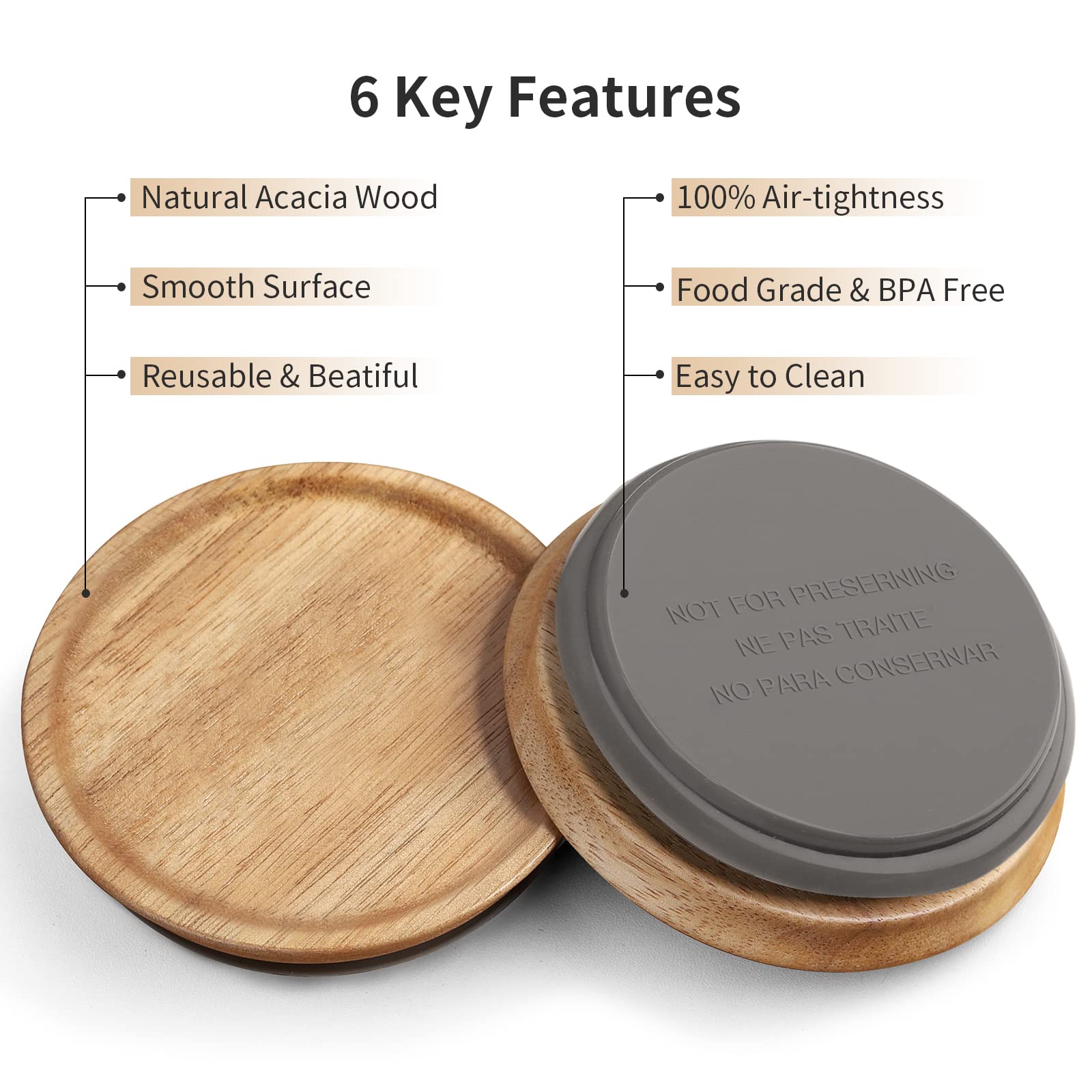 6-Pack Wide Mouth Wooden Mason Jar Lids for Ball/Mason Jars, Reusable Acacia Wood Mason Jar Lids with Airtight Silicone Seal Perfect for Dry Food Storage (Brown)