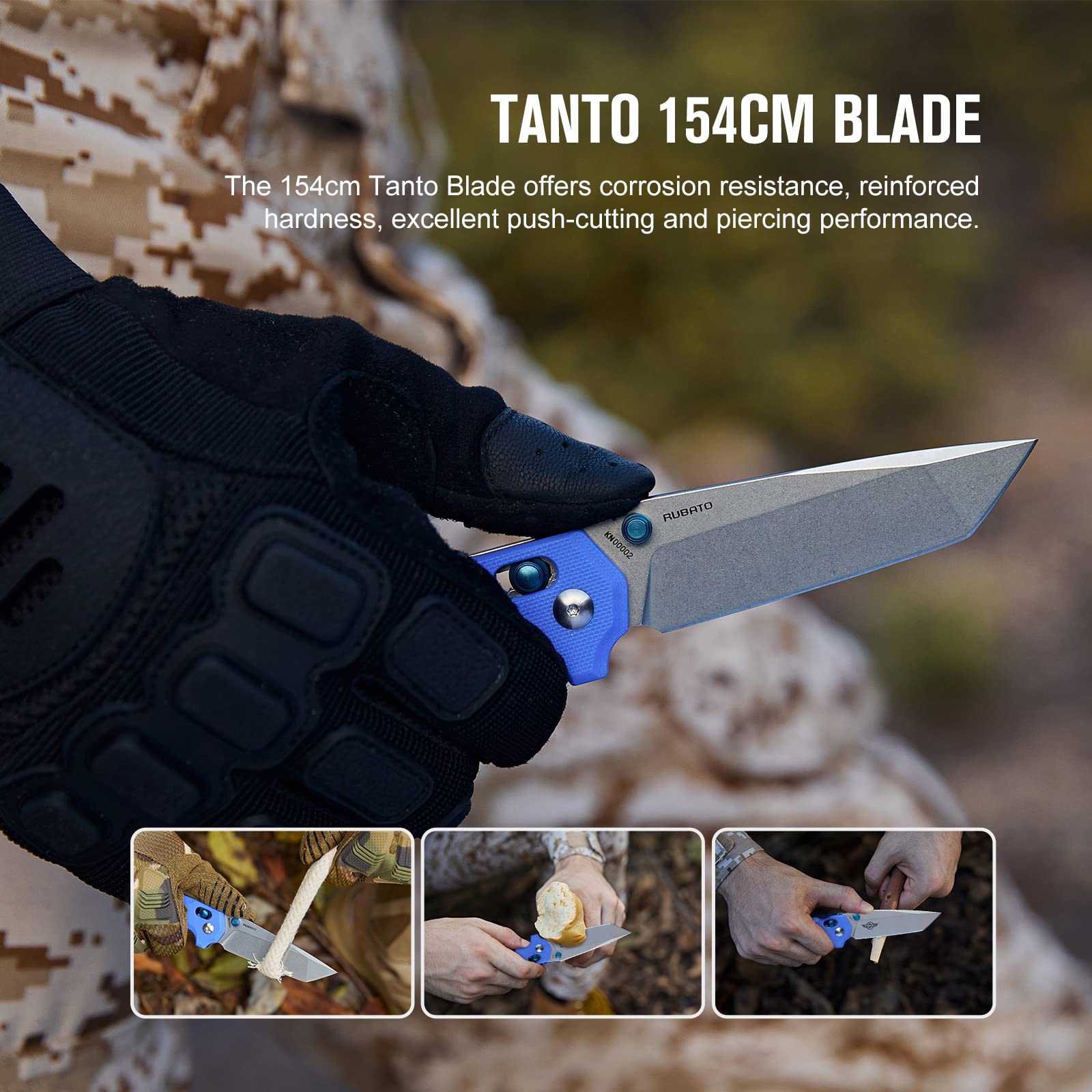 OKNIFE Rubato Pocket Knife, Tanto Style EDC Folding Knife with 154CM Stainless Blade and G10 Handle for Camping Indoor and Outdoor Activities (Blue)