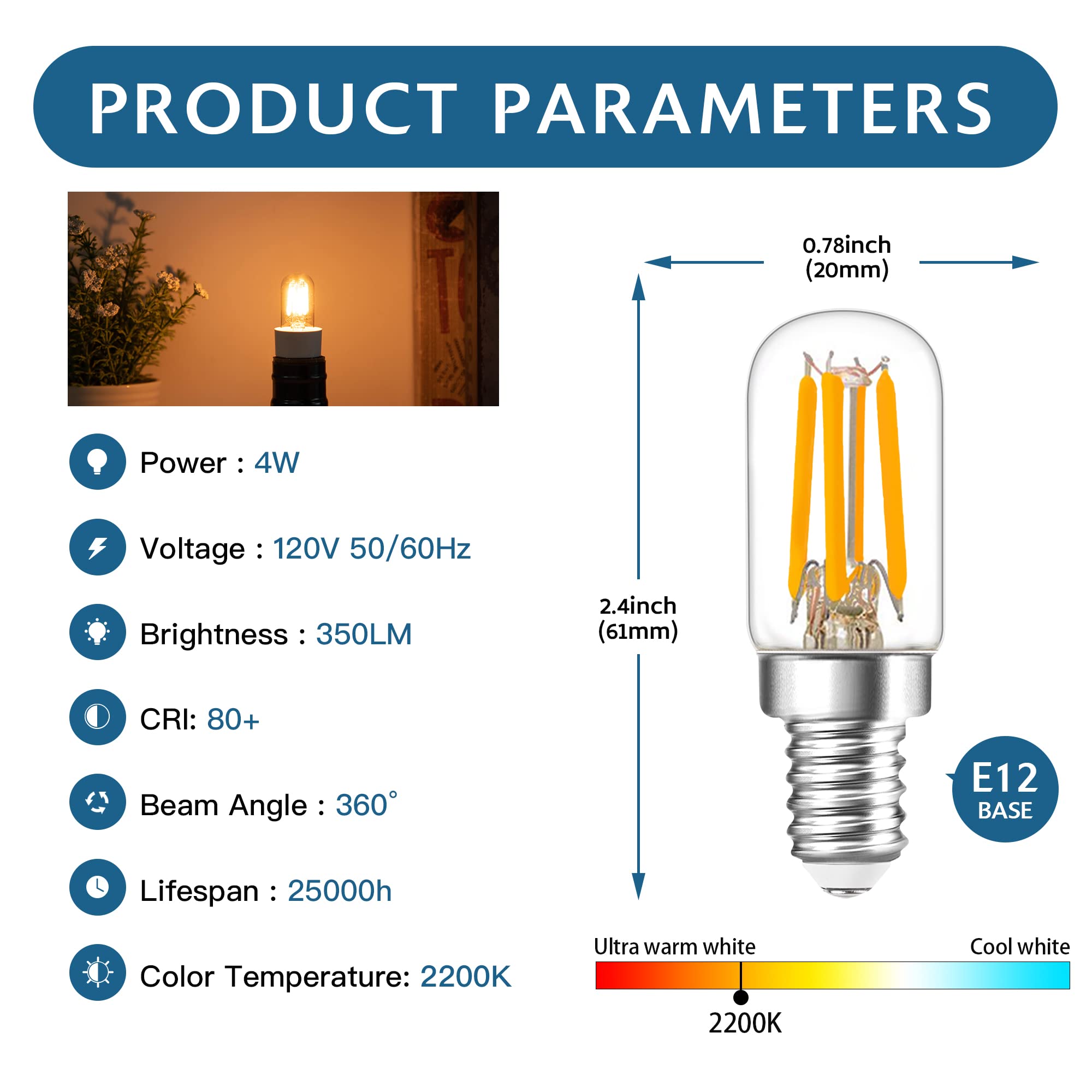 Hcnew E12 LED Candelabra Light Bulbs, 40W Equivalent Mini T20 Chandelier Bulbs, Warm White 2200K Dimmable Range Hood Bulbs Bedside Lamps, 350LM, 2 Pack