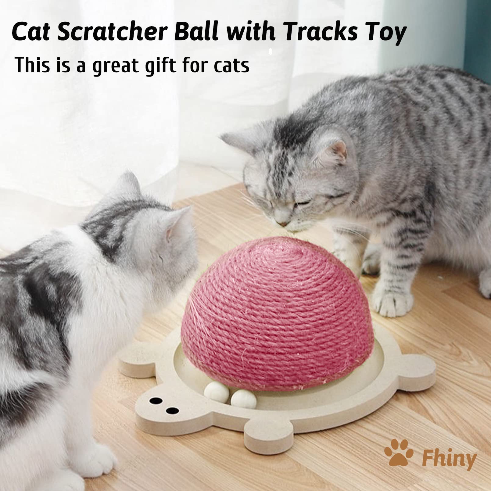 Fhiny Cats Scratching Ball, Natural Sisal Scratching Toy with Roller Track Toys and Wooden Base Kitten Turtle Shape Scratch Post for Indoor Cats Interactive Training Exercise Scratcher for Small Pets