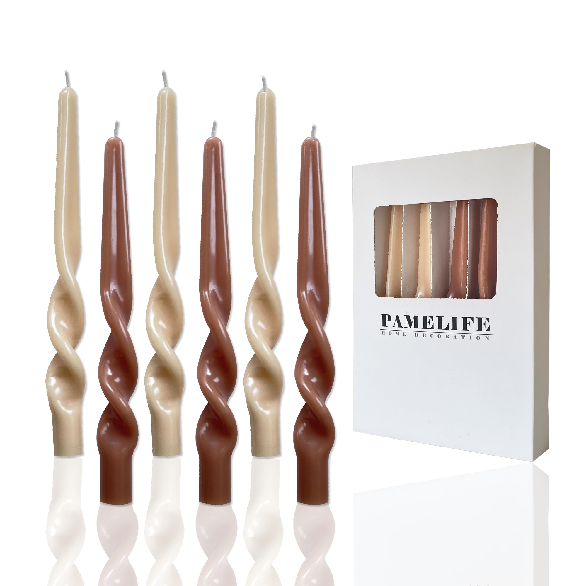 PAMELIFE Spiral Taper Candles - Set of 6 Twisted Candle 9.5 Inch Tall for Home Decoration Holiday Wedding Party(Brown)