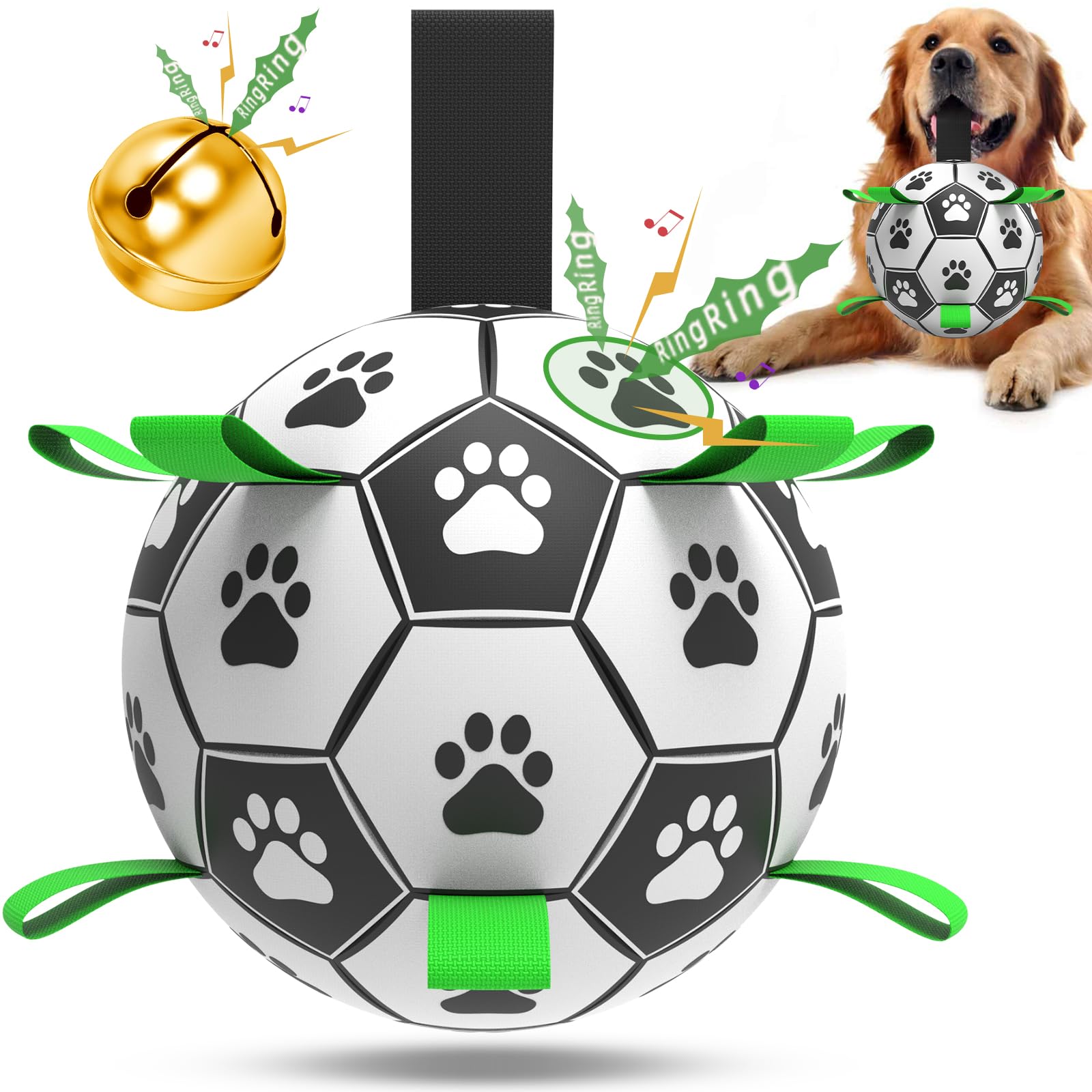 QDAN Dog Soccer Balls Toy with Bell Inside, Outdoor Interactive Dog Toys for Tug of War, Puppy Birthday Gifts, Dog Water Toy, Durable Ropes Squeaky Soccer Dog Ball for Medium and Large Dogs （8 INCH）