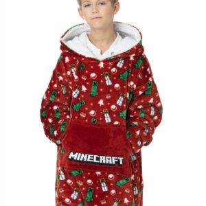 Minecraft Christmas Xmas Vuddie Oversized Blanket Hoodie Kids Boys Girls Red Fleece