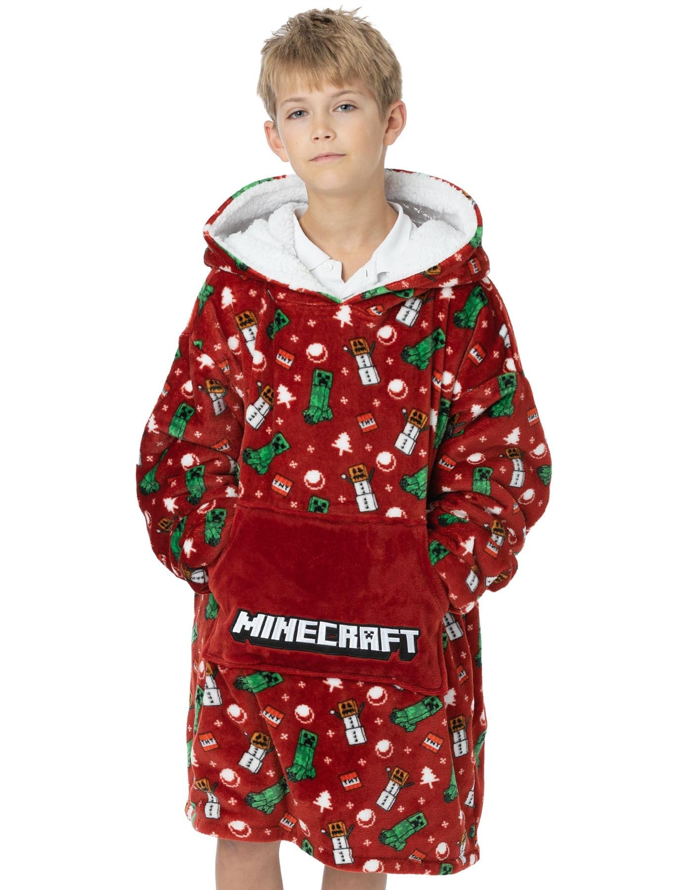 Minecraft Christmas Xmas Vuddie Oversized Blanket Hoodie Kids Boys Girls Red Fleece