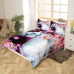 Erosebridal White Horse Duvet Cover Full,Romantic Pink Cherry Blossoms Comforter Cover 3Pcs for Kids Girls Boys Teens Bedroom with Zipper,Ultra Soft Farm Animal Bedding Set with 2 Pillow Cases