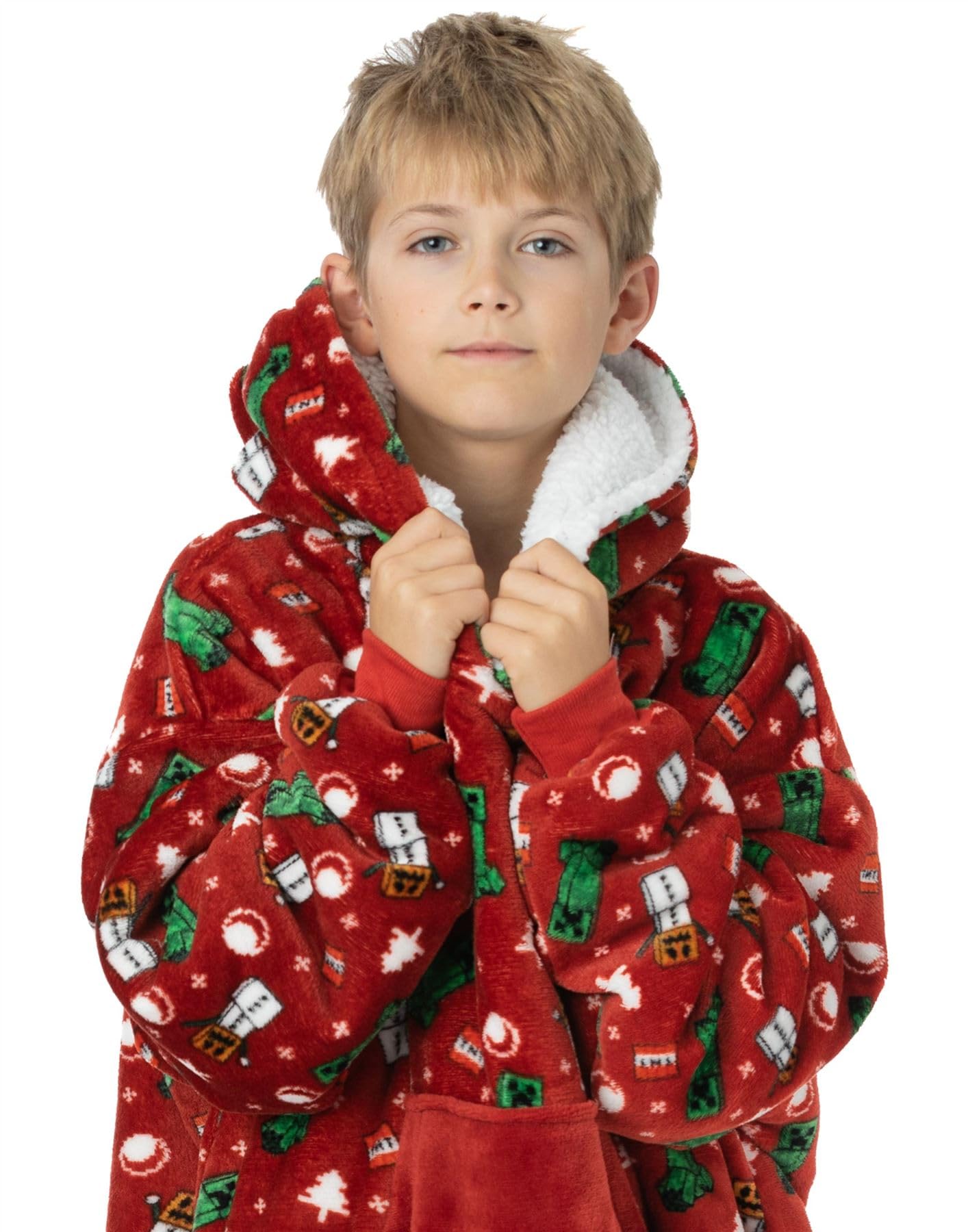 Minecraft Christmas Xmas Vuddie Oversized Blanket Hoodie Kids Boys Girls Red Fleece